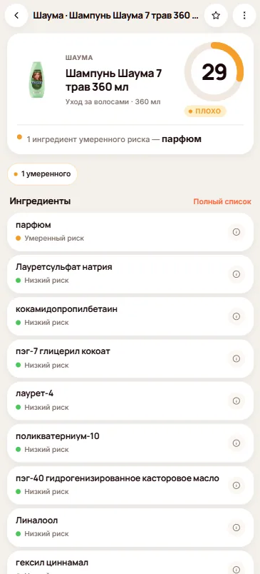 Экран оценки косметики по INCI в Fuddy